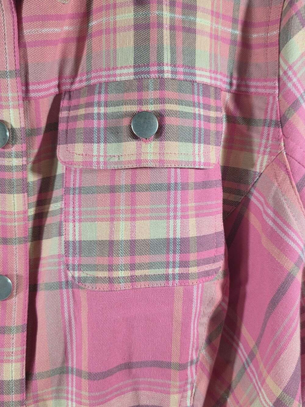 CJ Banks Women’s Plaid Button Front Shirt Jacket 1X Pink Stretch Long Sleeve Poc - Picture 8 of 10